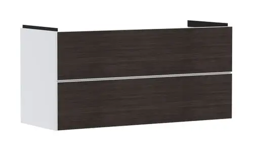 Hansgrohe Waschtischunterschrank mit zwei Schubkästen, in dunkler Holzoptik und mattem Weiß, für die Montage unter einem Waschtisch geeignet.